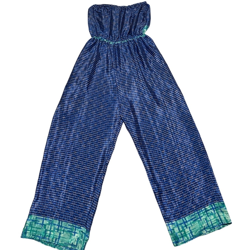 ETC Strapless Paisley Jumpsuit One Size Blue Aqua Wide Leg Tassel Waist - Picture 5 of 11